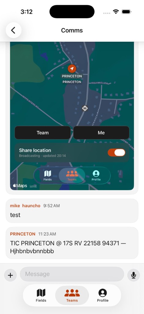 Team comms with live location sharing and chat