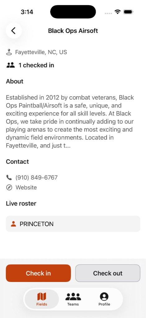 Field detail with about, contact, live roster, and check-in