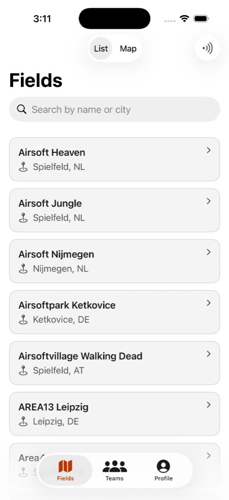 Airsoft field directory with search and city listings