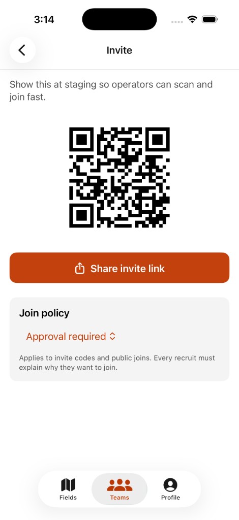 Team invite QR code and join-policy settings