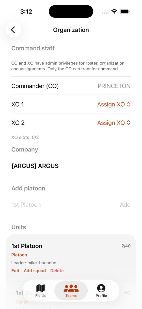 Unit organization with command staff, platoons, and squads