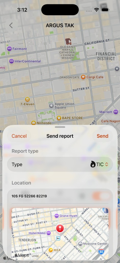 iOS report composer with type, location, and map pin