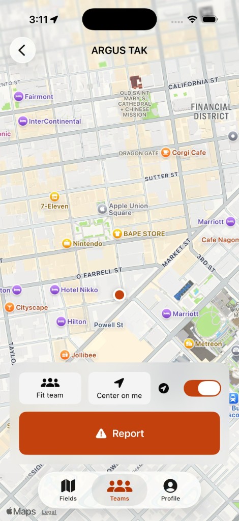 Live team map with fit-team, center-on-me, and report actions